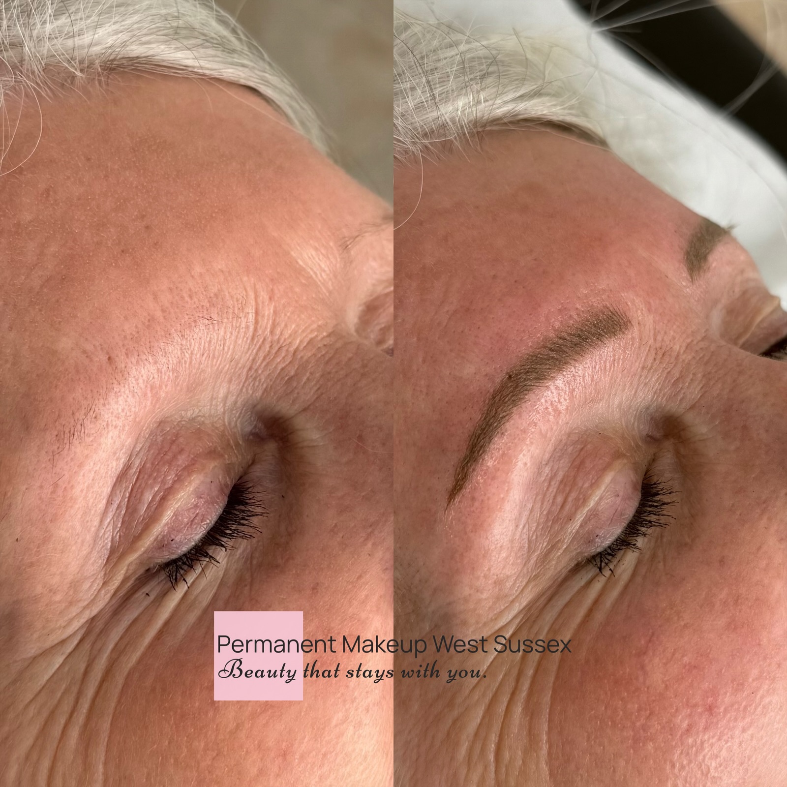 Healed permanent eyebrow results — before and after, showing pigment that fades true to colour
