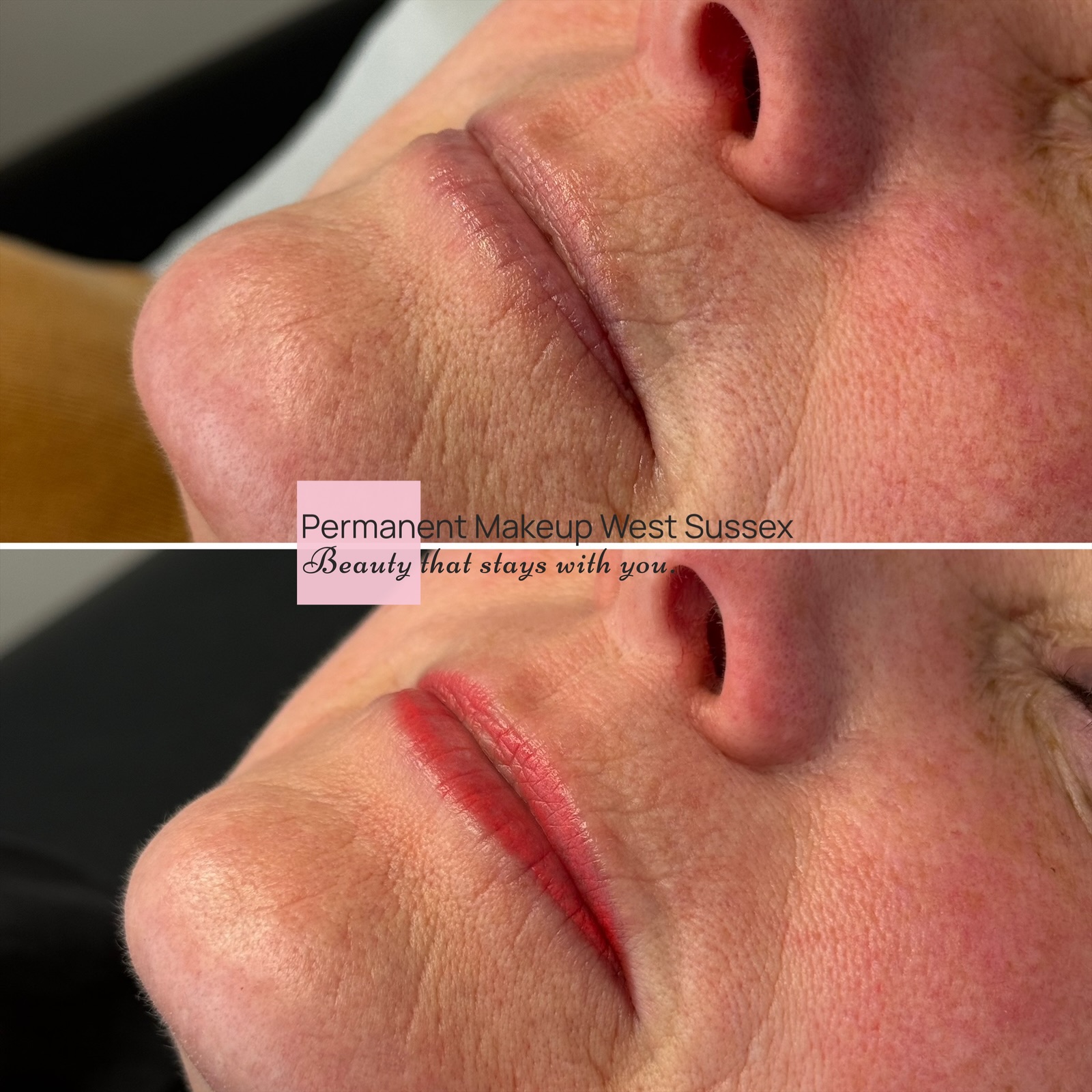 Lip blush before and after — definition and colour restored to pale lips
