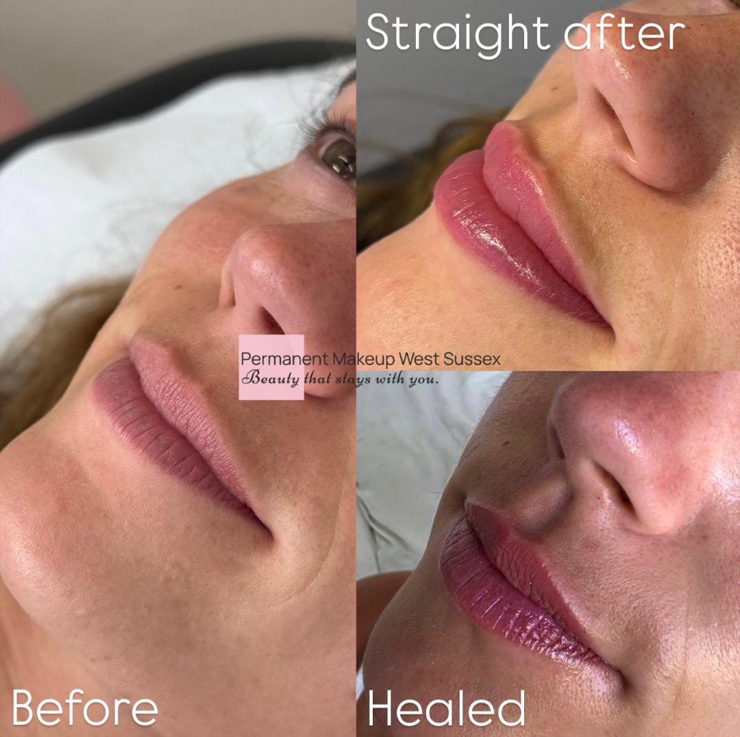 Lip blush before, straight after and healed results by Permanent Makeup West Sussex