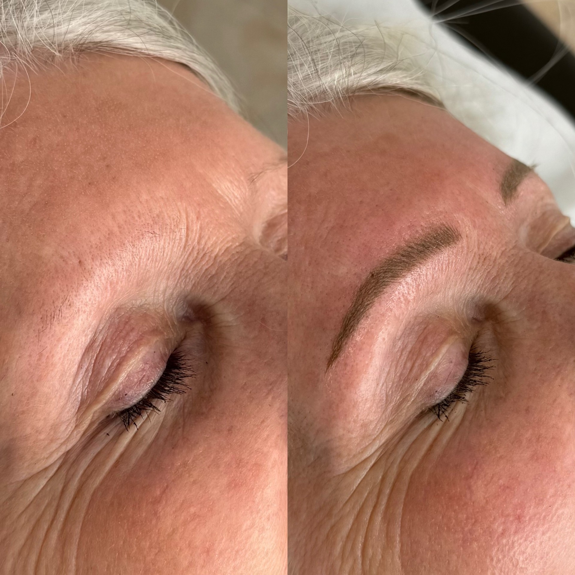 Before and after powder brows on mature skin